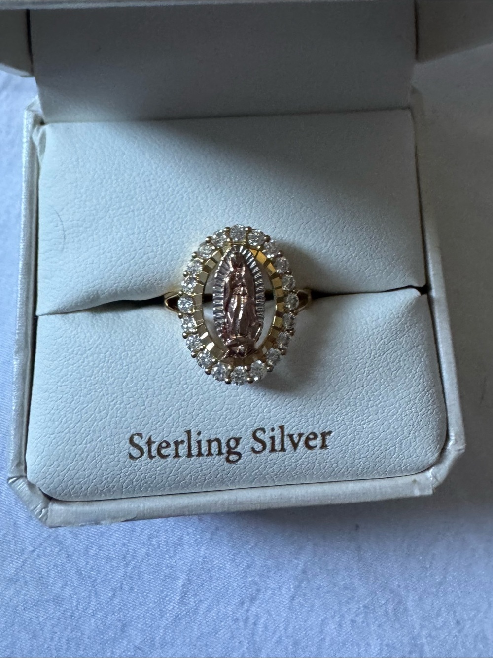 Sterling Silver Gold-Tone Virgin Mary Ring with White Stones